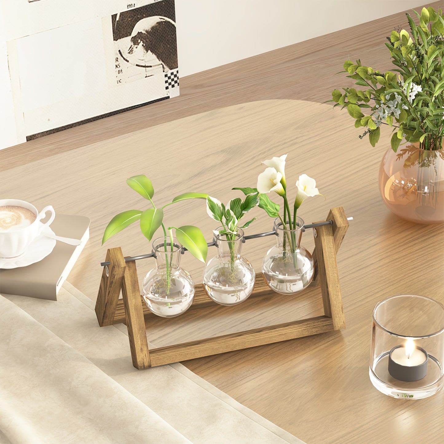 Glass Terrarium Heart Shaped Hydroponic Vase with Wooden Stand - Elegant Plant Propagation Station for Home Decor, Romantic Gift Idea for Women Plant Lovers, Boho Desk Decor