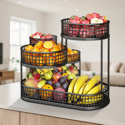 3-Tier Metal Fruit Basket Large Capacity Black Wire Rack | Kitchen Countertop Organizer for Fruits Vegetables Bread Snacks