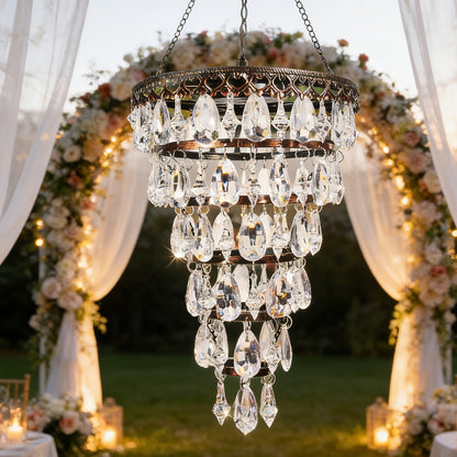 Solar Chandelier Outdoor Hanging Crystal Light 54 LED Warm White Waterproof Garden Yard Patio Gazebo Party Wedding Decor 6-Tier Oval Round
