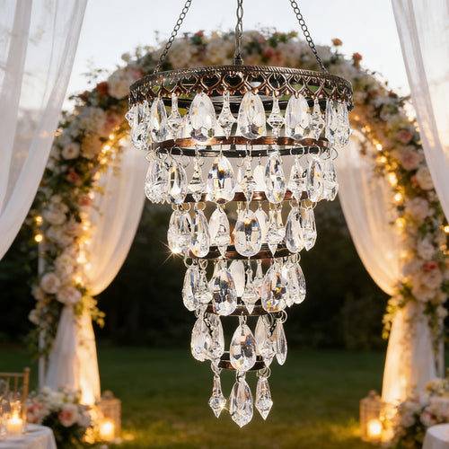 Solar Chandelier Outdoor Hanging Crystal Light 54 LED Warm White Waterproof Garden Yard Patio Gazebo Party Wedding Decor 6-Tier Oval Round