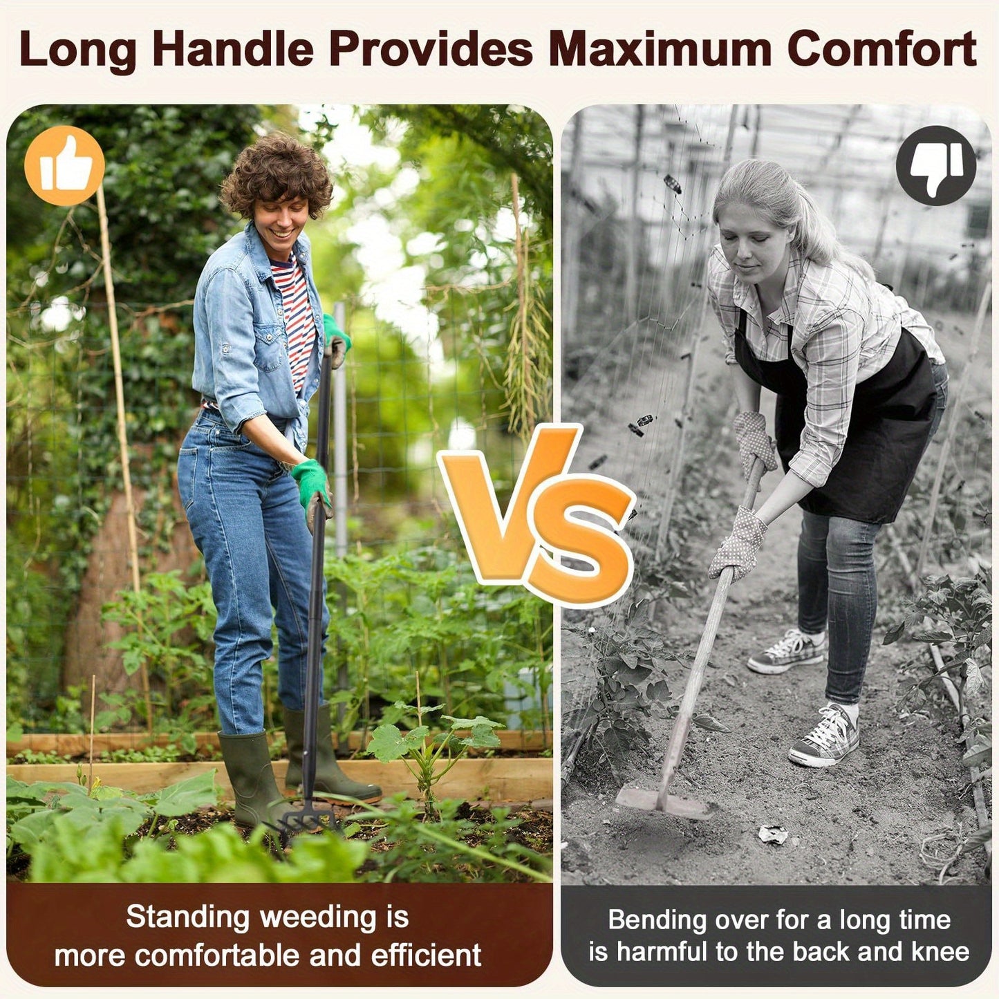 Hula Hoe 2-in-1 Dual Head Stirrup Loop Hoe & 4-Tine Cultivator Rake Heavy Duty All-Metal Long Handle 62 73 82 Inch for Weeding Aerating Loosening Soil