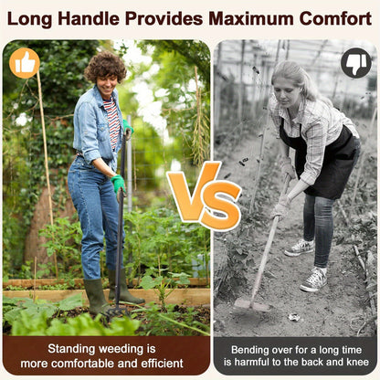 Hula Hoe 2-in-1 Dual Head Stirrup Loop Hoe & 4-Tine Cultivator Rake Heavy Duty All-Metal Long Handle 62 73 82 Inch for Weeding Aerating Loosening Soil