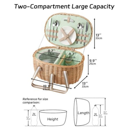 Wicker Picnic Basket for 2 with Insulated Cooler Compartment, Stainless Steel Cutlery Set, Ceramic Plates, Wine Glasses & Cheese Board – Outdoor Dining Hamper