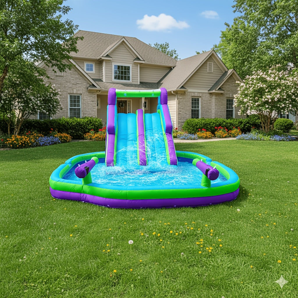 Inflatable Double Water Slide with Climbing Wall & Large Splash Pool – 17.72FT Backyard Water Park for Kids & Adults, Oxford Cloth, Blower Included