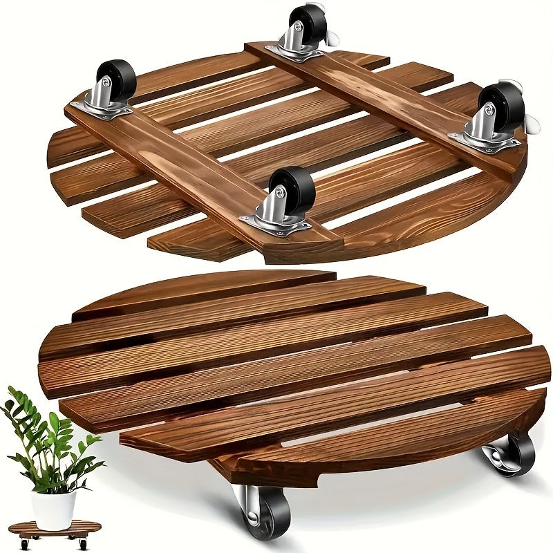 Rolling Plant Stand with Locking Wheels 2-Pack - Heavy Duty Wooden Planter Caddy for Indoor Outdoor Large Potted Plants, 12x12x3 Inch