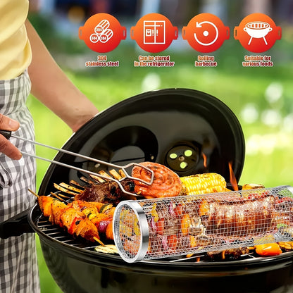 Rolling Grill Basket Stainless Steel 2-Pack – Cylinder BBQ Basket with Hook & Fork for Vegetables, Meatballs & Seafood | Outdoor Camping Bonfire Grill Accessory