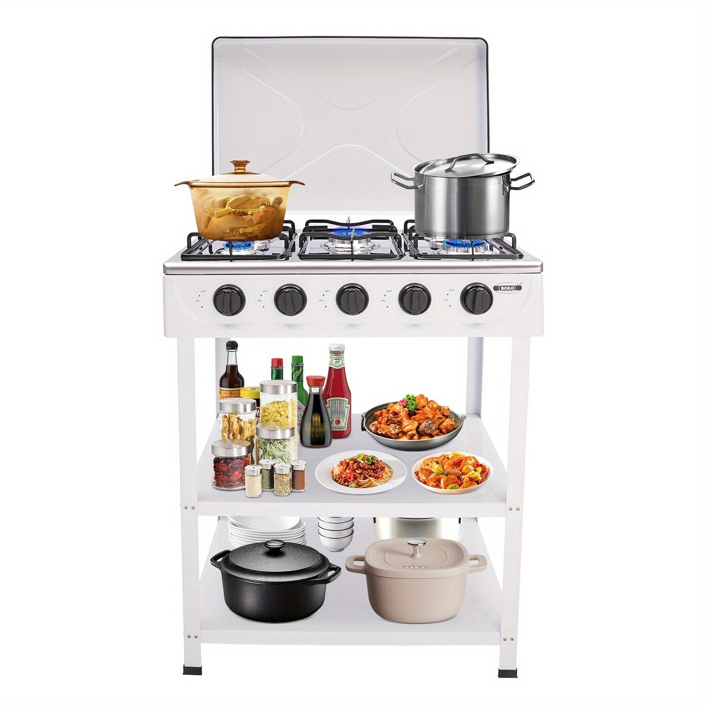 5-Burner Gas Stove CNCEST Portable Natural Gas Stove | 2.5kW Per Burner | Freestanding Outdoor Cooking Stove for RV, Camping, Tailgating & Backyard | White, 64×44.5cm
