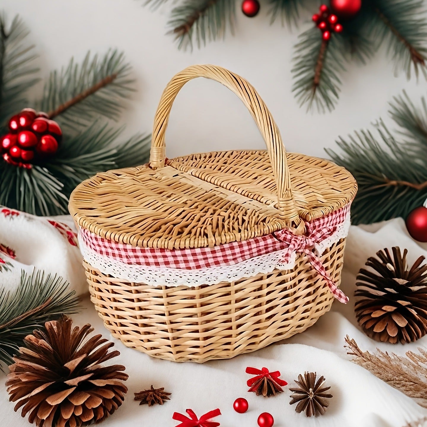 Lined Picnic Basket with Lid & Handles – Vintage Handcrafted Willow Woven Hamper with Linen Lining & Red White Checkered Tablecloth for Picnics & Camping