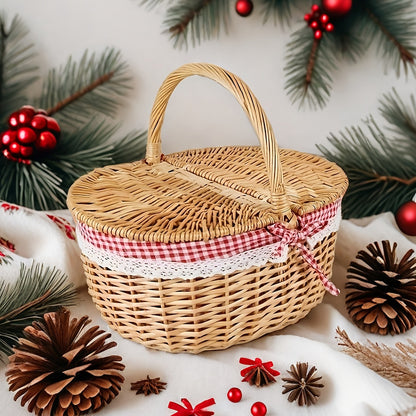Lined Picnic Basket with Lid & Handles – Vintage Handcrafted Willow Woven Hamper with Linen Lining & Red White Checkered Tablecloth for Picnics & Camping