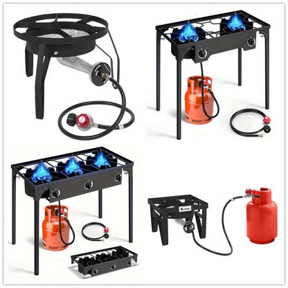 Outdoor Propane Burner Stove Cast Iron 1 or 3 Burner, 225000 BTU High-Pressure Cooker with Adjustable Heat, Removable Legs, for Camping Tailgating Frying Brewing Wok Cooking