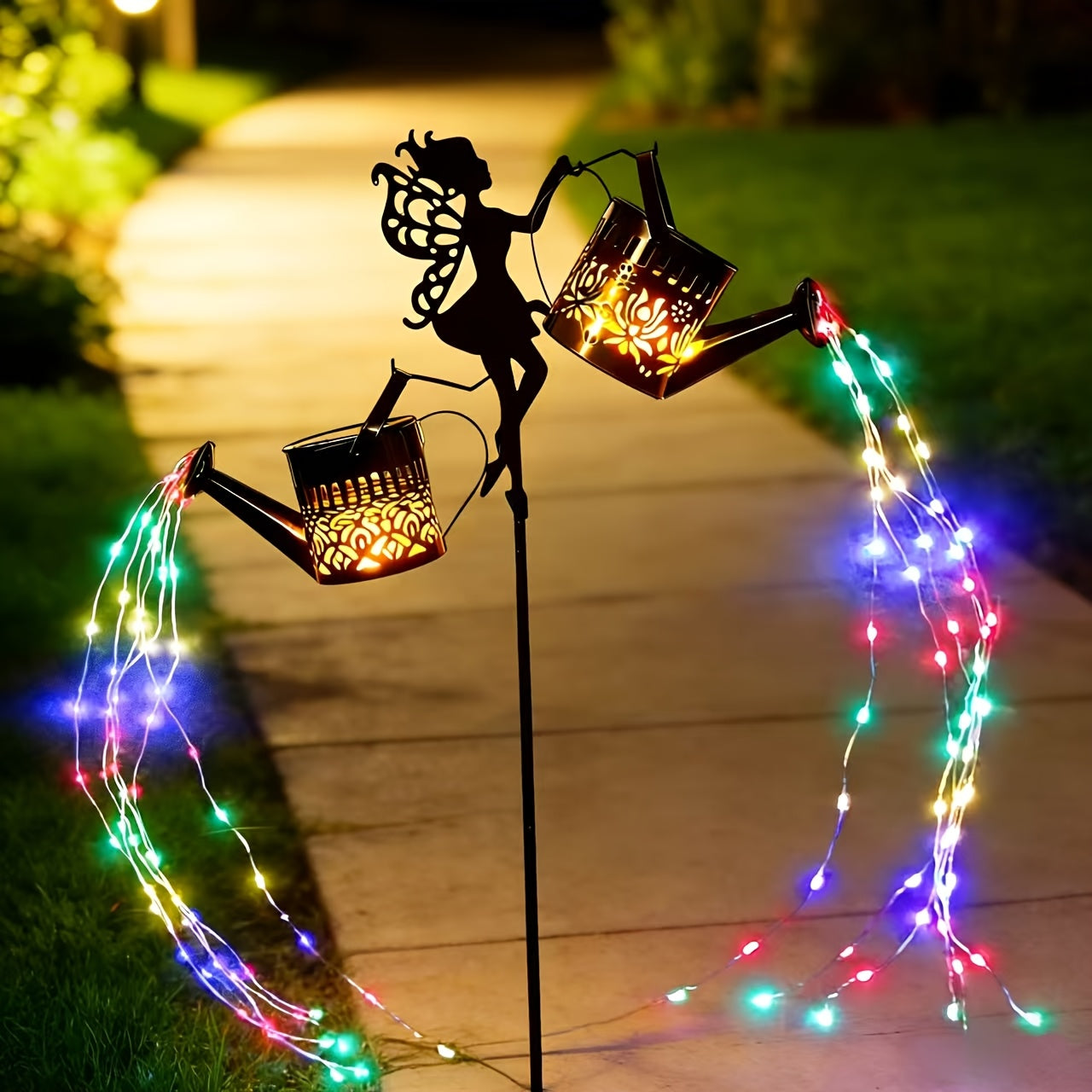 Solar Garden Light - Outdoor Fairy Statue Lamp with Rainbow Waterfall String Lights & Rose Lantern Multicolor LED Decor