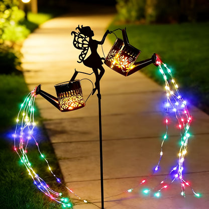 Solar Garden Light - Outdoor Fairy Statue Lamp with Rainbow Waterfall String Lights & Rose Lantern Multicolor LED Decor
