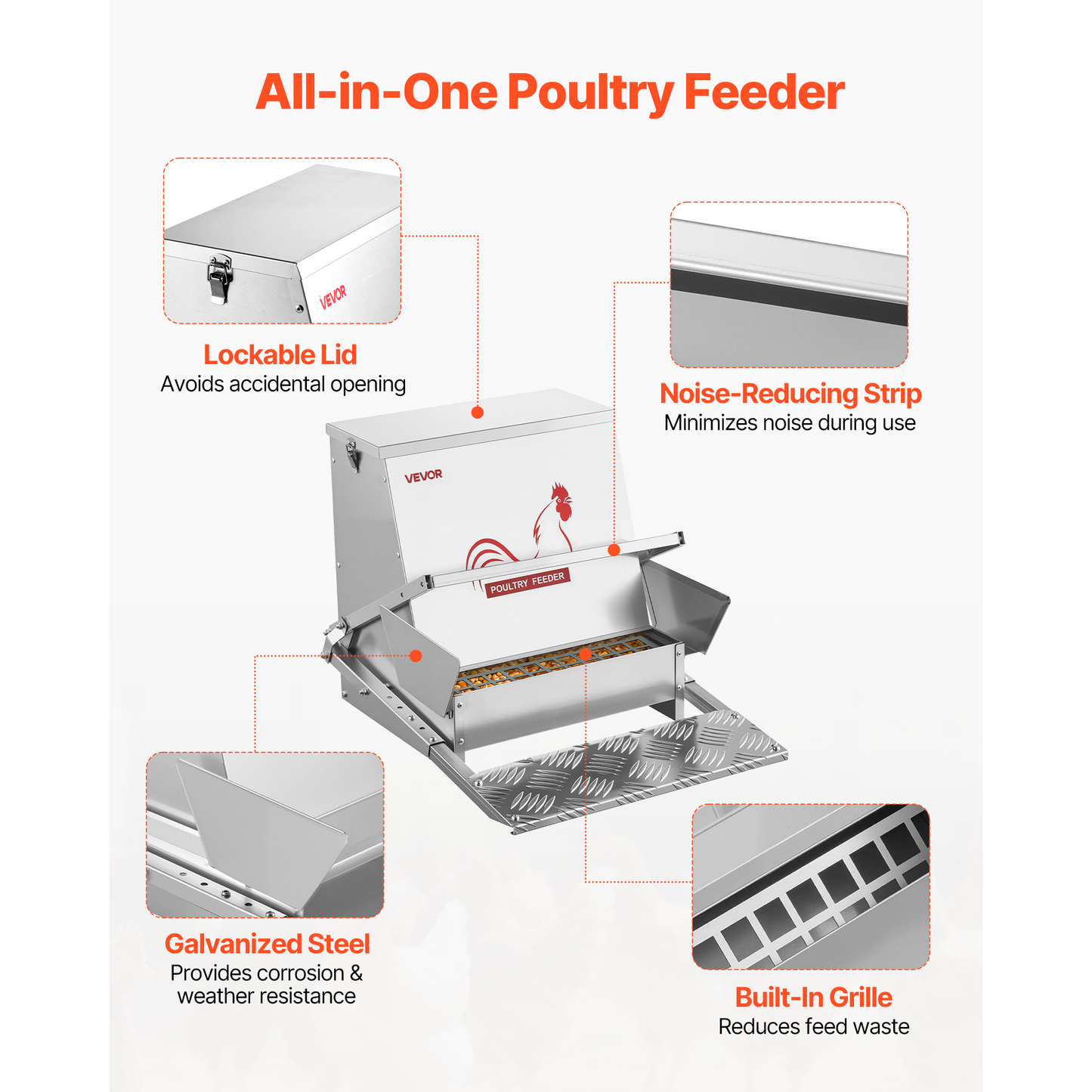 Automatic Chicken Feeder Treadle 40 lbs Galvanized Steel Lockable