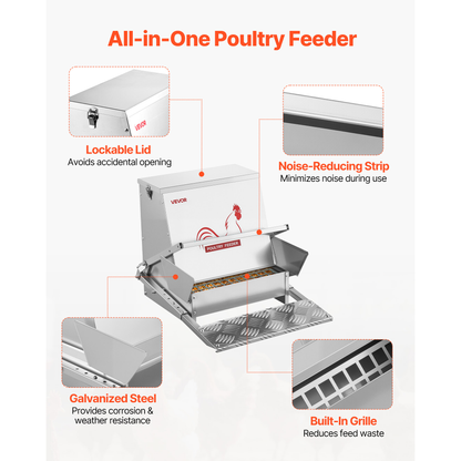 Automatic Chicken Feeder Treadle 40 lbs Galvanized Steel Lockable