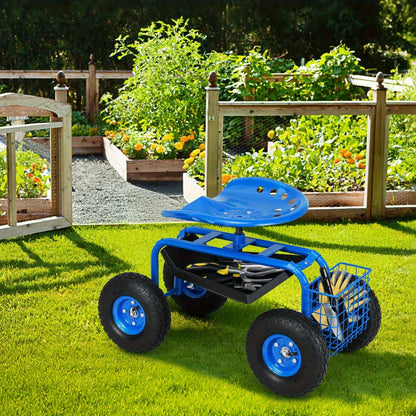 Rolling Garden Cart with Adjustable Swivel Seat, 10" Pneumatic Tires, Storage Basket & Tool Tray, 330 lbs Heavy-Duty Metal Frame