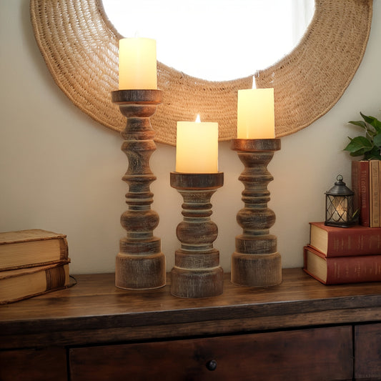 Pillar Candle Holders Set of 3 Rustic Farmhouse Wood Brown Centerpiece Table Fireplace Mantel Coffee Table Home Decor Gift