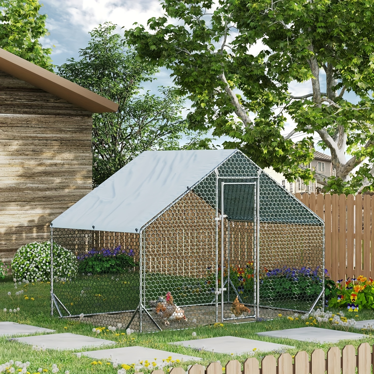 Metal Chicken Run Walk-in Poultry Enclosure with UV Protection - Dome Flat & Spire Roof Styles, Spacious Outdoor Backyard Farm Chicken Pen, Multiple Size Options