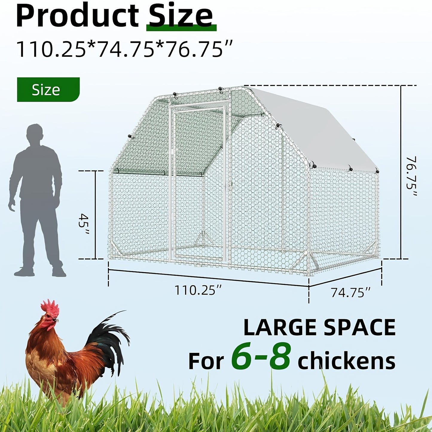 Metal Chicken Run Walk-in Poultry Enclosure with UV Protection - Dome Flat & Spire Roof Styles, Spacious Outdoor Backyard Farm Chicken Pen, Multiple Size Options