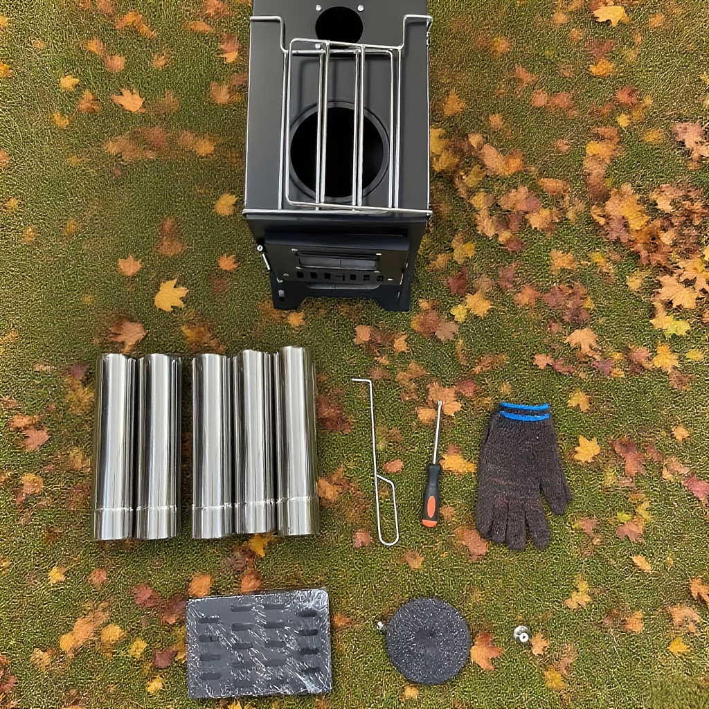 Outdoor Wood Burning Fireplace Stove Portable Camping Fire Pit Foldable Legs Carry Handle 5-Piece Chimney Pipe Complete Tool Set for Camping RV Patio Garden Winter Heating Party