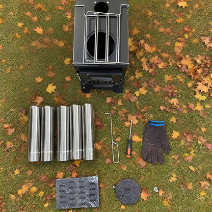 Outdoor Wood Burning Fireplace Stove Portable Camping Fire Pit Foldable Legs Carry Handle 5-Piece Chimney Pipe Complete Tool Set for Camping RV Patio Garden Winter Heating Party