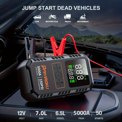 Portable Jump Starter 5000A 7-in-1 with Air Compressor 150PSI, Battery Booster for Car 7.0L Gas/6.0L Diesel, QC3.0 Power Bank, LCD Display & LED Emergency Light