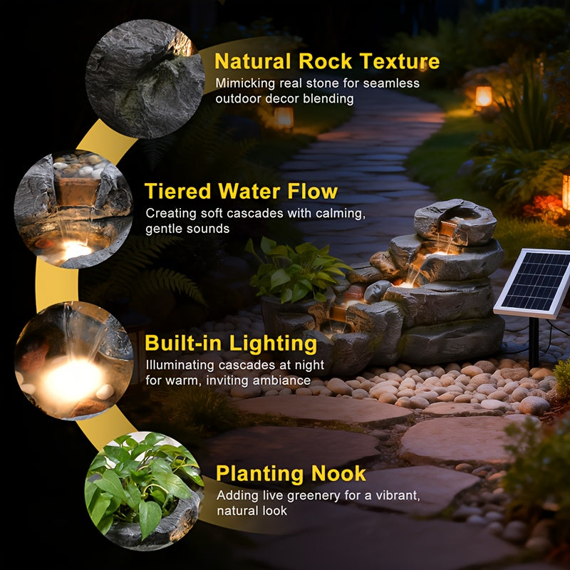 Rock Waterfall Fountain Solar 5-Tier – LED & Planting Basin