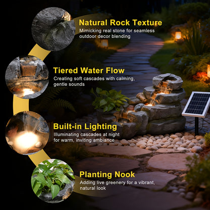 Rock Waterfall Fountain Solar 5-Tier – LED & Planting Basin