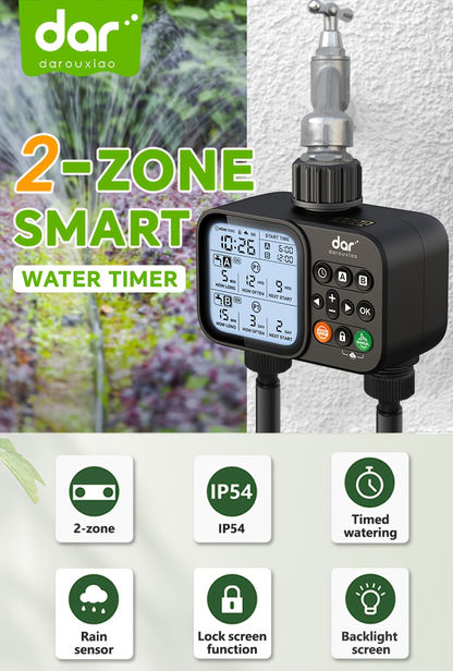 2 Zone Sprinkler Timer Garden Hose Water Timer with Rain Delay Programmable Faucet Controller