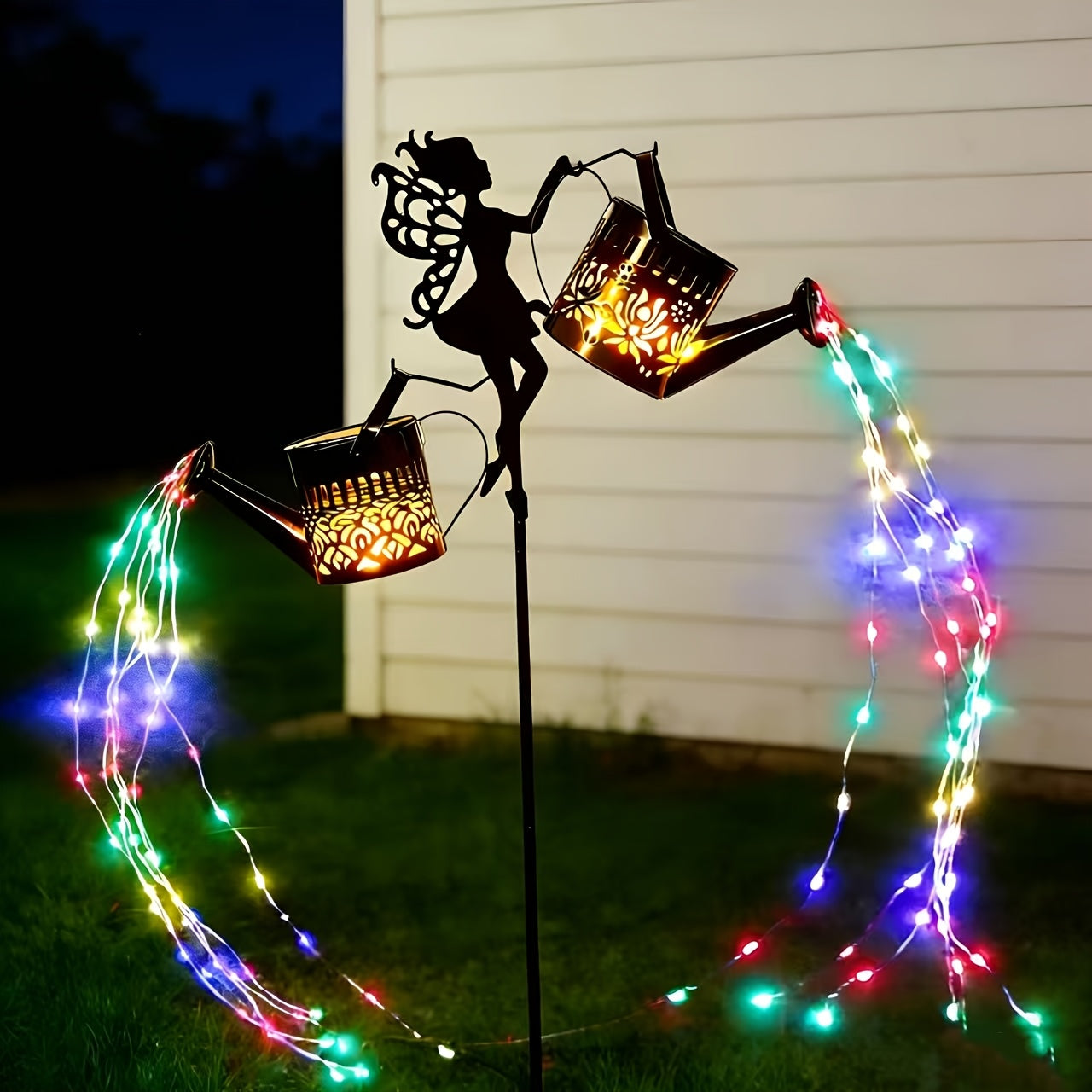 Solar Garden Light - Outdoor Fairy Statue Lamp with Rainbow Waterfall String Lights & Rose Lantern Multicolor LED Decor