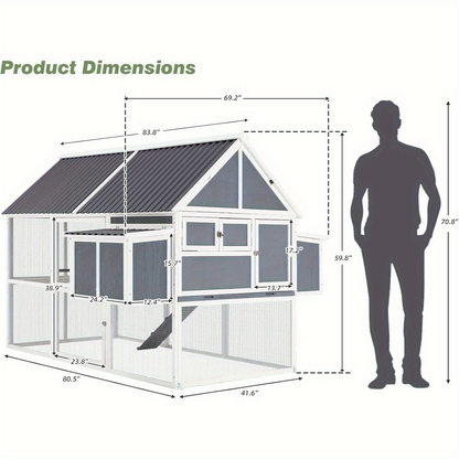 Large Chicken Coop 84" for 8-10 Hens | Outdoor Wooden Hen House with Run, 2 Nesting Boxes, 3 Perches, Removable Tray & Ground Spikes – Walk-In Poultry Cage