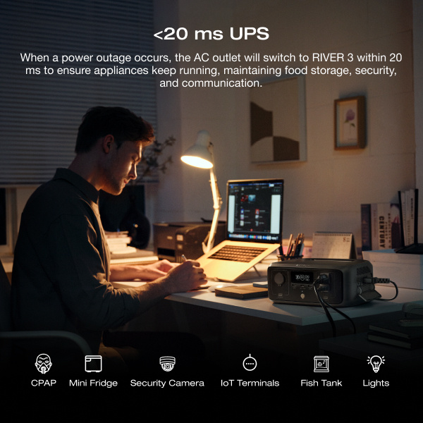 LiFePO4 Power Station 230Wh EcoFlow RIVER 3 – 300W (600W X-Boost), 1Hr Fast Charge, UPS <20ms, <30dB Quiet, 6 Outputs for Camping, Home & Emergency