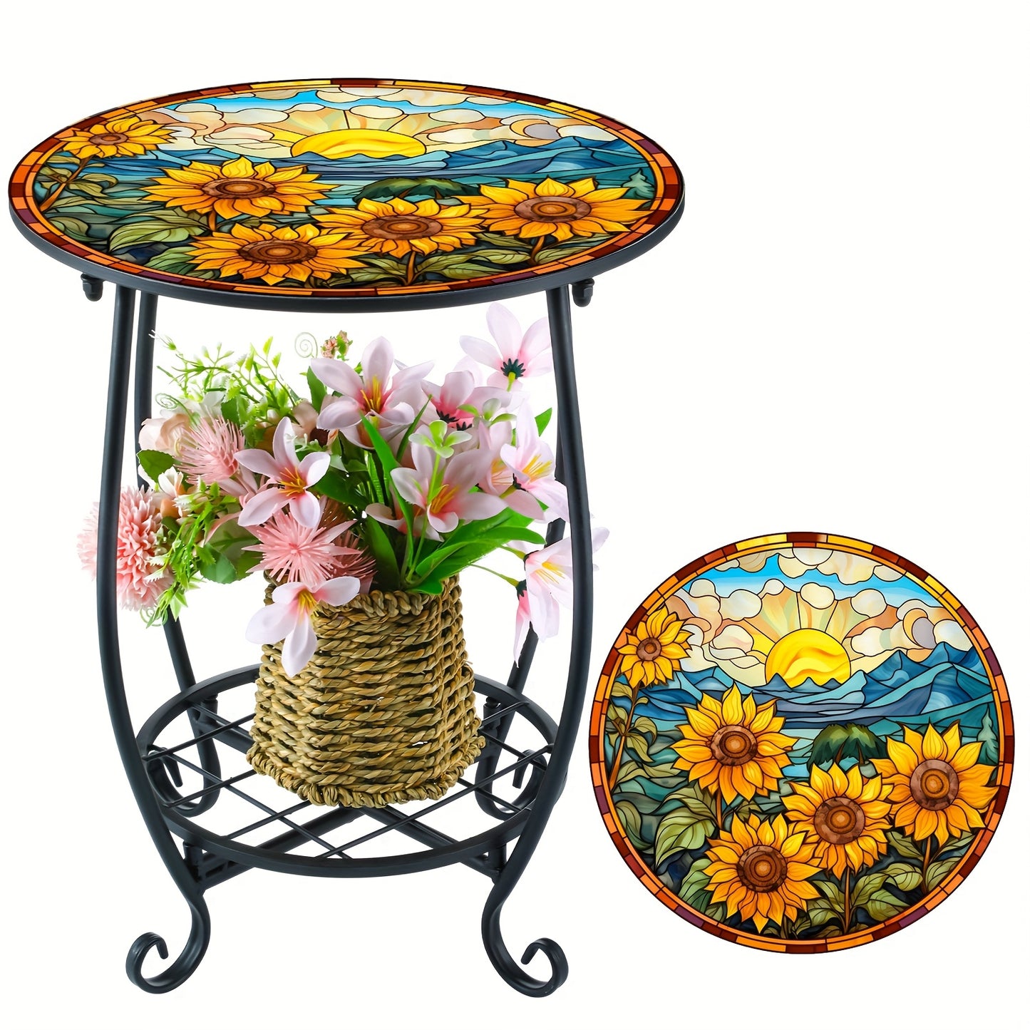 Mosaic Side Table Outdoor Round Patio Accent Table 14 Inch Sunflower Metal End Table for Garden Yard Porch Living Room Bedroom Indoor Outdoor Coffee Table