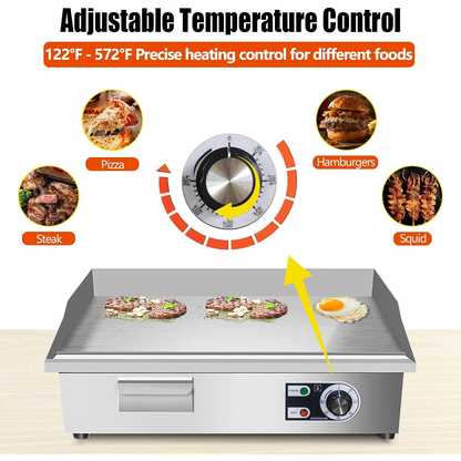 Electric Flat Top Grill 14"/22" – Commercial Teppanyaki Griddle, Non-Stick Cast Iron Cooking Surface, Adjustable Temp 122–572°F, Stainless Steel, Indoor & Restaurant Use