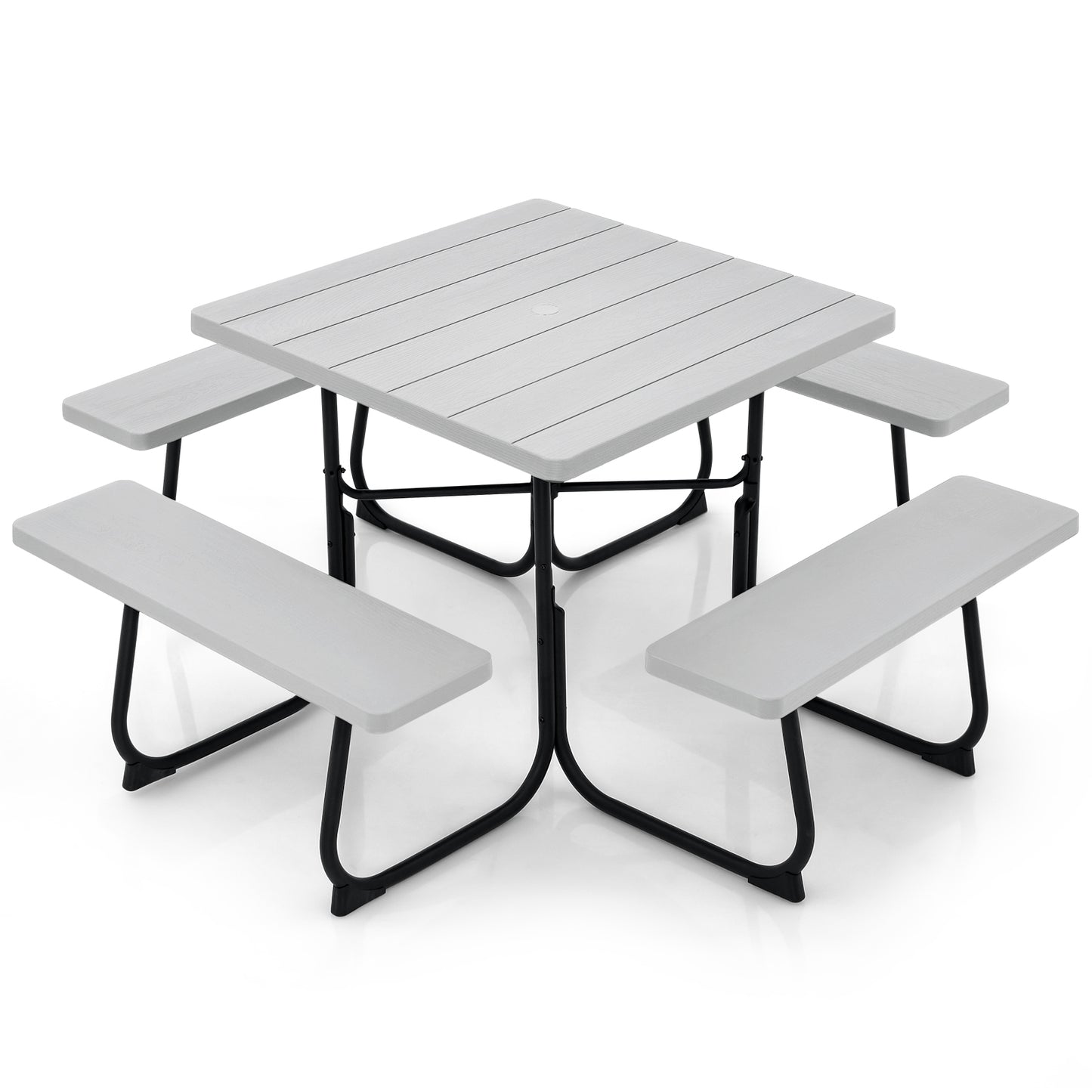 Outdoor Picnic Table 8-Person, Square HDPE Table with 4 Built-in Benches, Umbrella Hole, Metal Frame, Backyard Patio Garden Bench Set Grey/Green