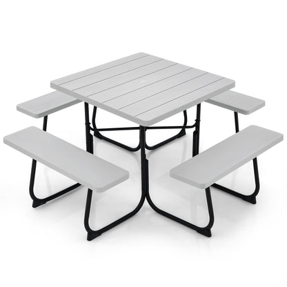 Outdoor Picnic Table 8-Person, Square HDPE Table with 4 Built-in Benches, Umbrella Hole, Metal Frame, Backyard Patio Garden Bench Set Grey/Green