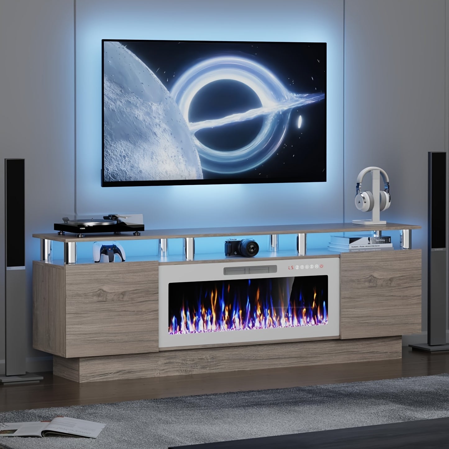 Entertainment Center with Electric Fireplace – 70" Modern TV Stand for TVs Up to 80", 36" LED Flame, High Gloss Cabinet, Multi-Color Options for Living Room