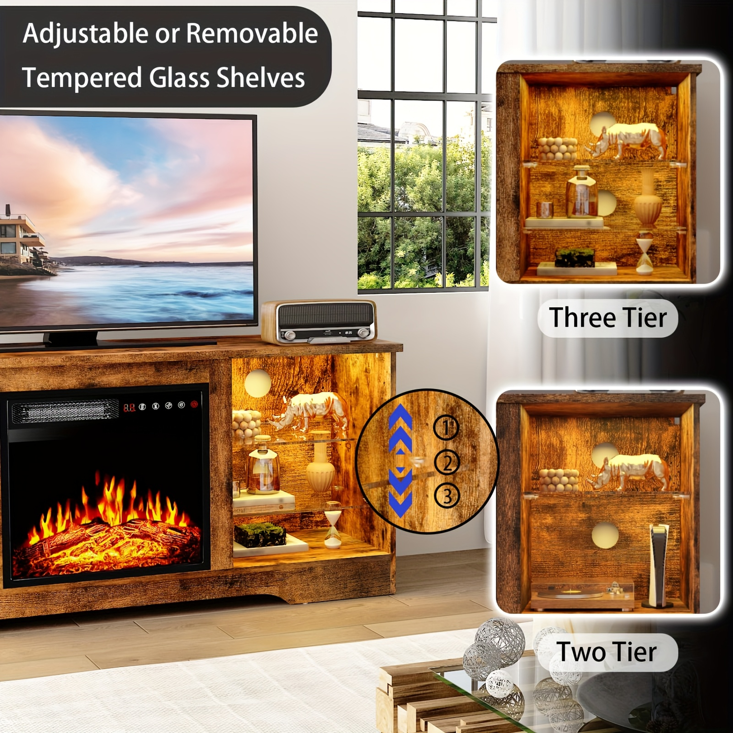 Fireplace TV Stand with 18" Electric Fireplace Insert, 58" Entertainment Center with LED Leg Lights, Media Console for TVs Up to 65", Adjustable Glass Shelves & Storage Cabinets, Black/Gray/White/Beige/Brown