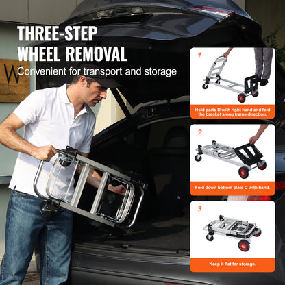 Folding Hand Truck 2-in-1 Convertible 400 LB Capacity Aluminum Carbon Steel Frame 360° Brake Wheels Collapsible Dolly Cart for Warehouse Garden Moving