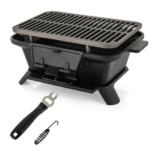 Cast Iron Charcoal Grill Portable Hibachi Tabletop BBQ Grill 16x11in Double-Sided Grate Adjustable Air Vent for Camping Picnic Parties Outdoor Cooking Black