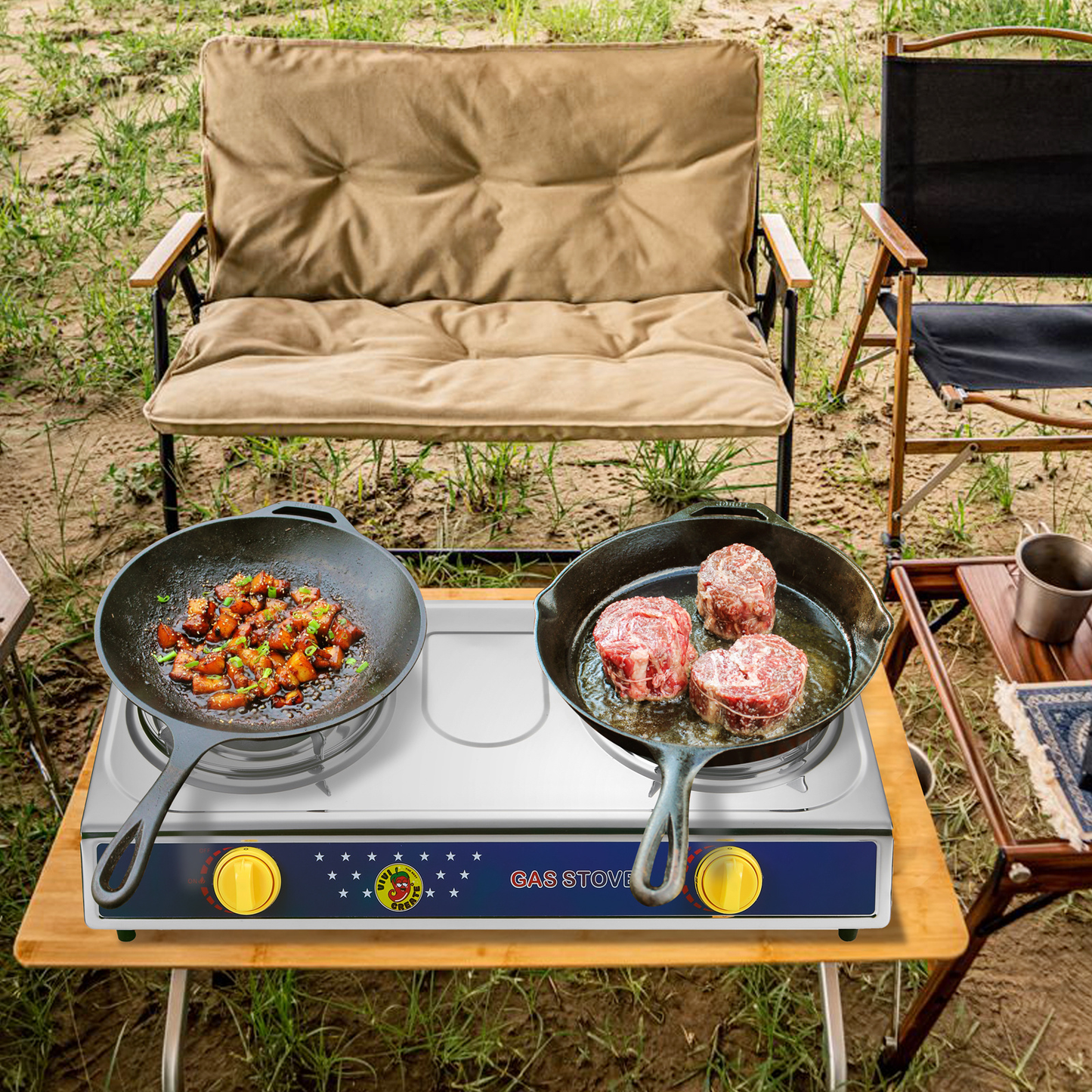 Propane Camping Stove Single & Double Burner – Stainless Steel Gas Cooker with Auto Ignition for Outdoor Cooking, Camping, Fishing, Hiking, Garden BBQ & Tailgate – Portable Camp Kitchen Burner