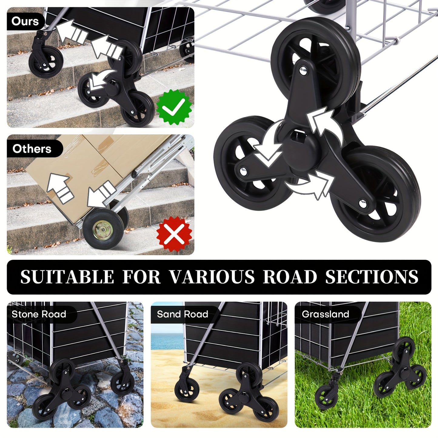 Stair Climbing Cart 8 Wheels 100 LBS Capacity Collapsible Utility Cart Foldable Grocery Dolly with Dual Basket Stainless Steel Frame for Home Office Moving