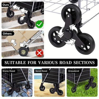 Stair Climbing Cart 8 Wheels 100 LBS Capacity Collapsible Utility Cart Foldable Grocery Dolly with Dual Basket Stainless Steel Frame for Home Office Moving