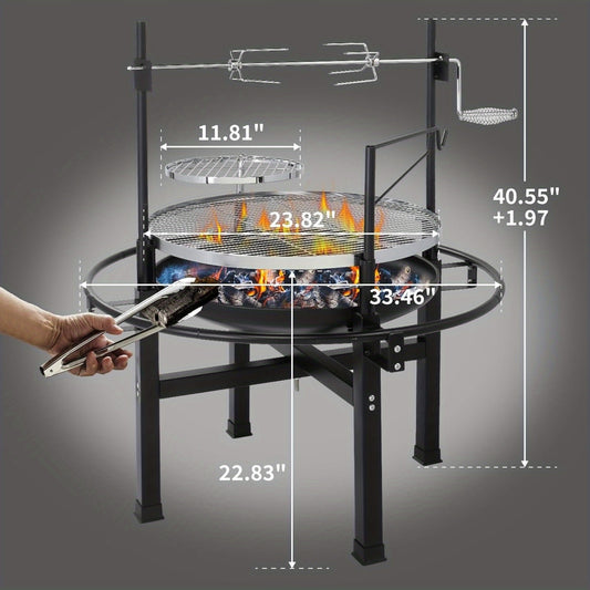 BBQ Fire Pit 33 Inch Wood Burning Outdoor Fire Pit with Swivel Cooking Grate, 2 Removable Grills for Backyard Patio Picnic Outside Camping