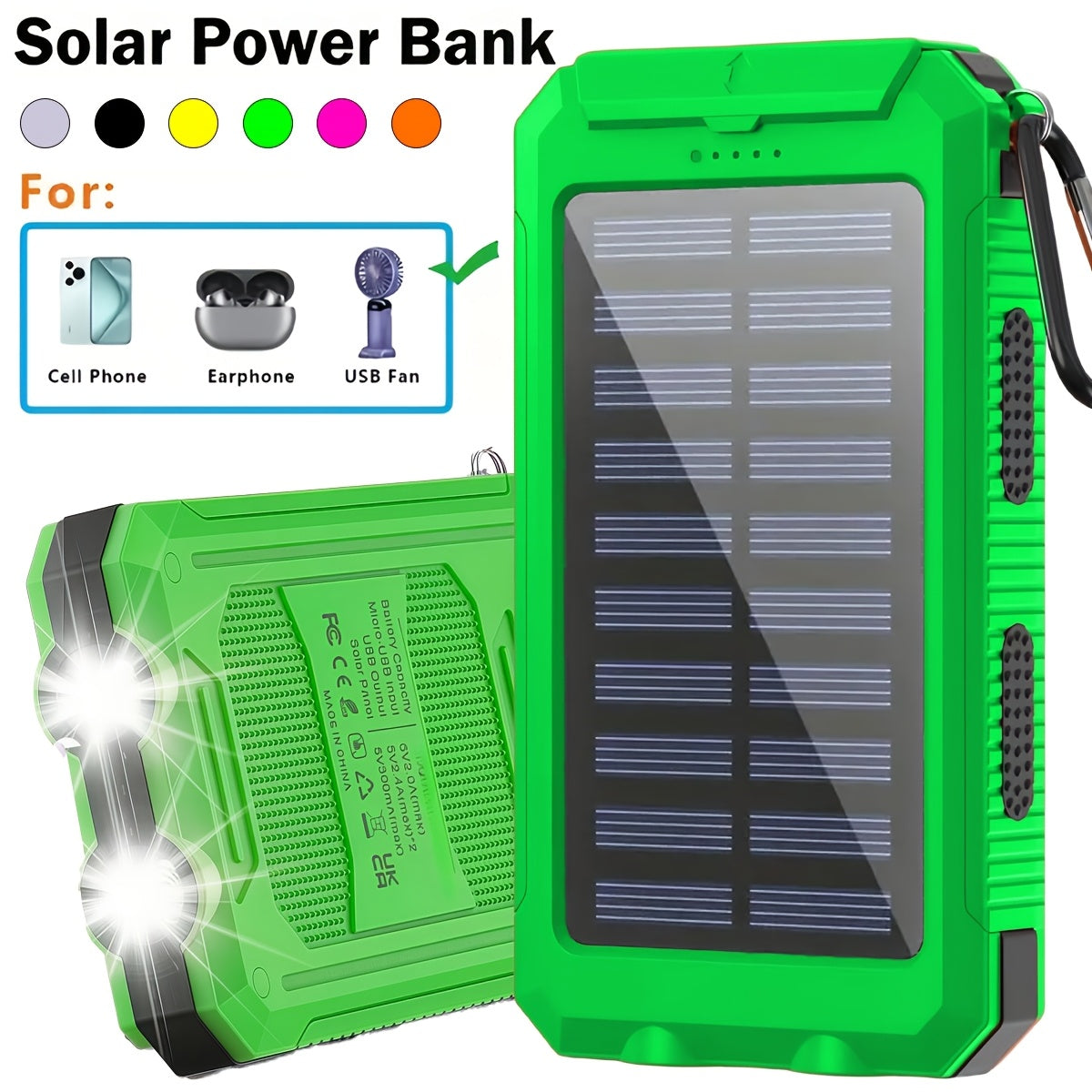 Solar Charger 12800mAh Portable Power Bank - Dual USB 5V Output, LED Flashlight, Outdoor Backup Battery for All Cell Phones, Camping, Hiking & Emergency Use