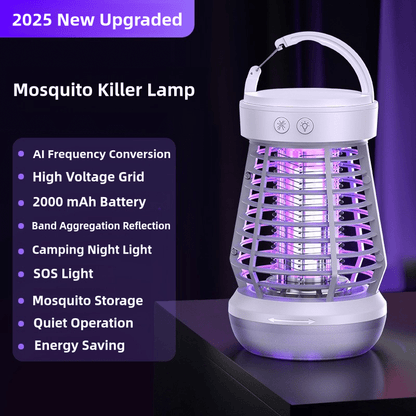 Bug Zapper Rechargeable 3-in-1 with UV Light & 2000V Electric Grid – Portable Mosquito Killer for Indoor & Outdoor Use, 2000mAh Battery, SOS Light, Garden, Yard, Camping, Bedroom