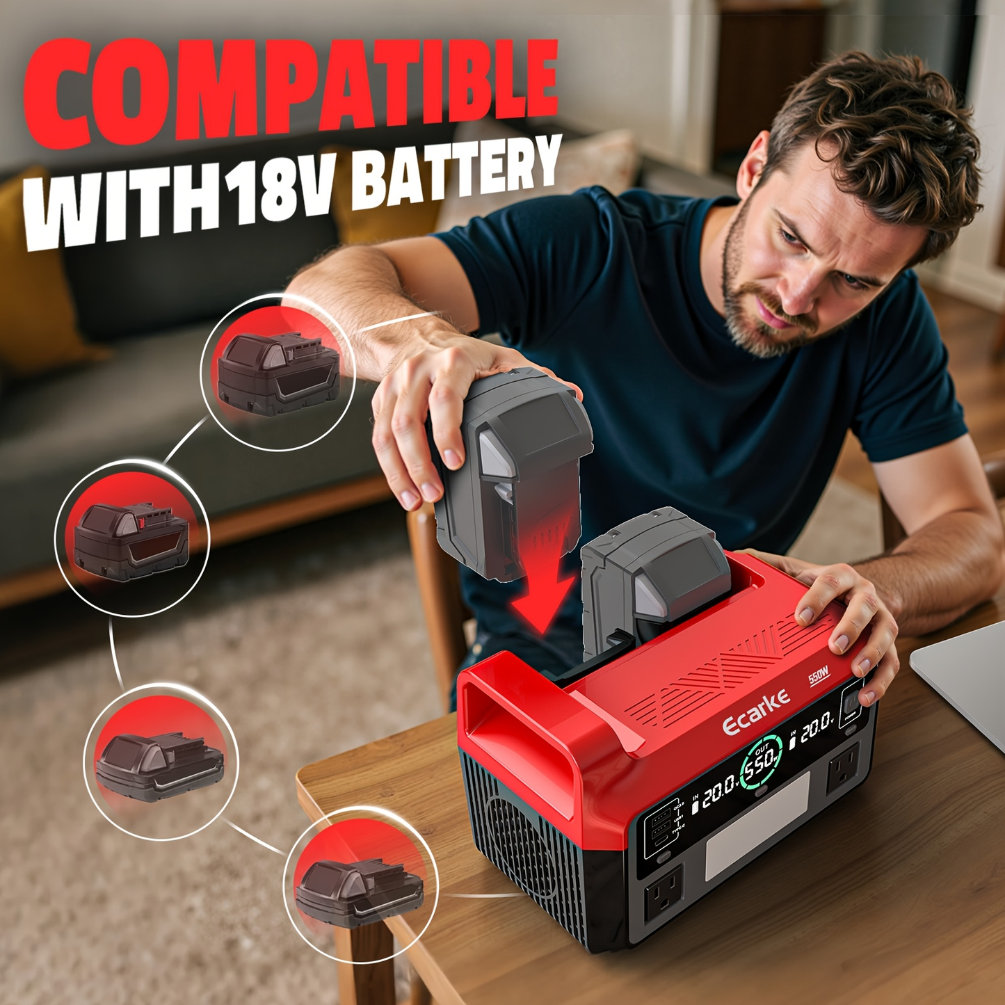 Pure Sine Wave Inverter 550W for 18V Battery - DC 18V to AC 110V, 2×USB-C 20W Fast Charge, 2×USB-A, 2×AC Outlets, 600LM 3-Level LED Light, Camping & Emergency Power (Bare Tool)