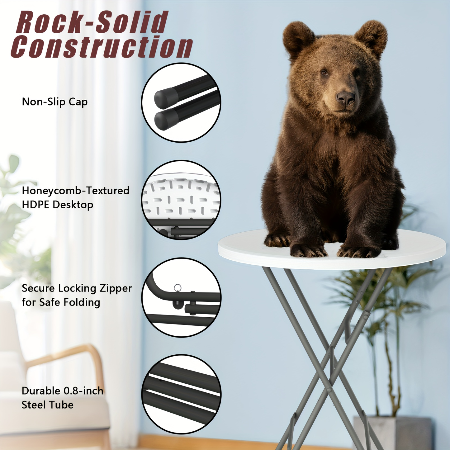 Round Folding Table 32" Bar Height Portable Plastic Top Metal Frame Lockable Legs for Parties, Commercial Events, Indoor & Outdoor Use