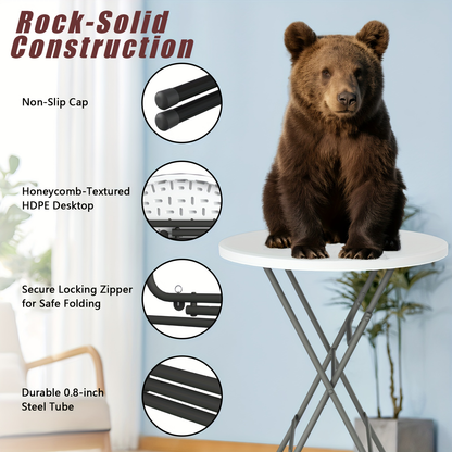 Round Folding Table 32" Bar Height Portable Plastic Top Metal Frame Lockable Legs for Parties, Commercial Events, Indoor & Outdoor Use