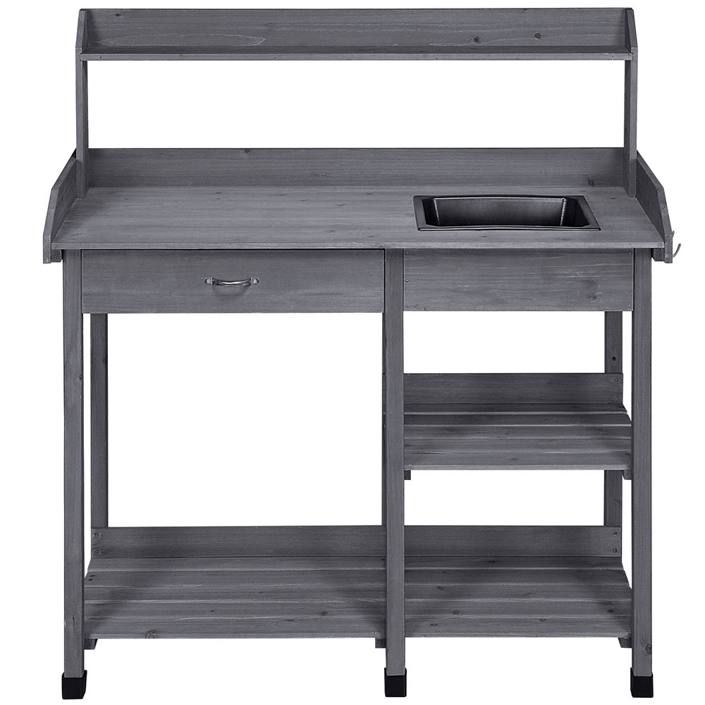 Garden Potting Table 4-Tier with Removable Sink, Adjustable Shelf, Drawer & Side Hooks, Outdoor Planter Stand for Yard Greenhouse in Wood, Brown & Gray