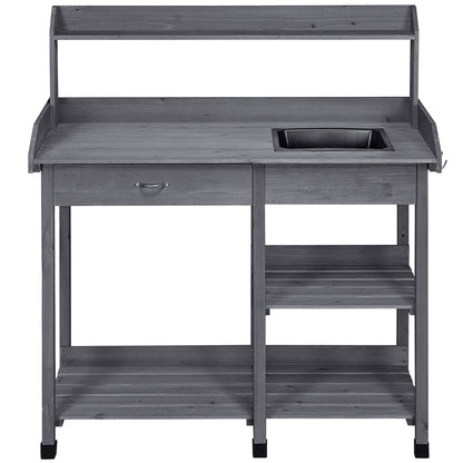 Garden Potting Table 4-Tier with Removable Sink, Adjustable Shelf, Drawer & Side Hooks, Outdoor Planter Stand for Yard Greenhouse in Wood, Brown & Gray